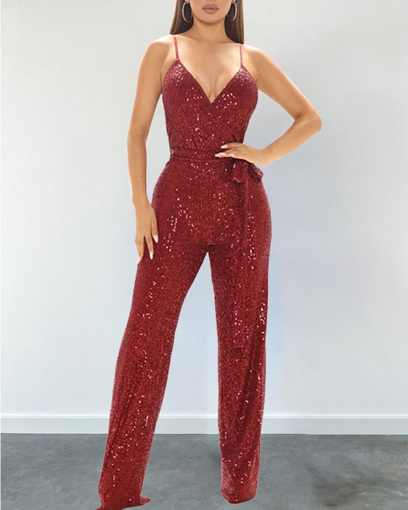 

Spaghetti Strap Belted Sequin Jumpsuit, Wine red