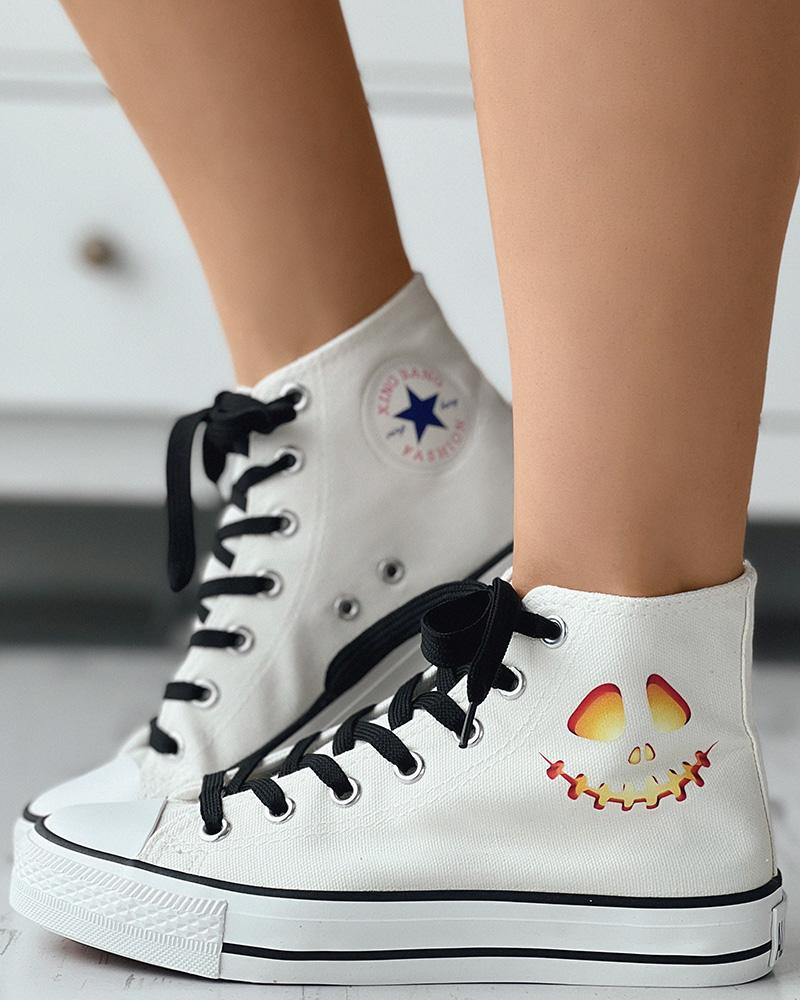 

Halloween Scary Face Print Lace-up Canvas Sneakers, White