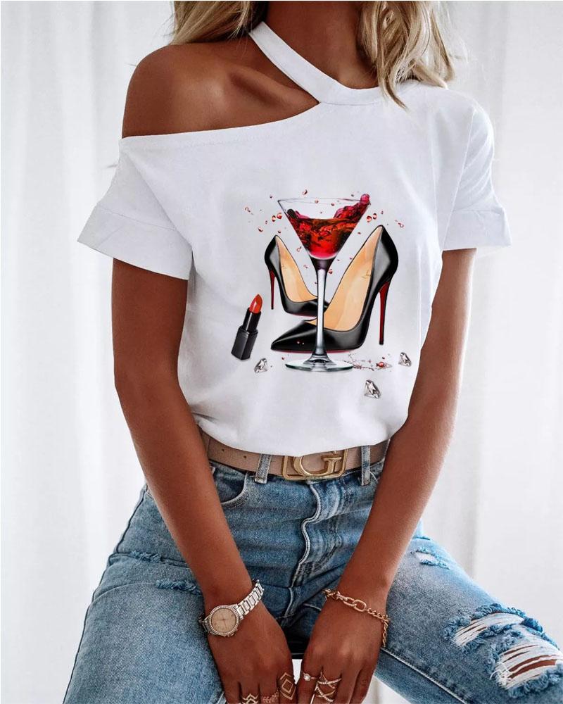 

Wine Glass Print Cold Shoulder Casual T-shirt, White