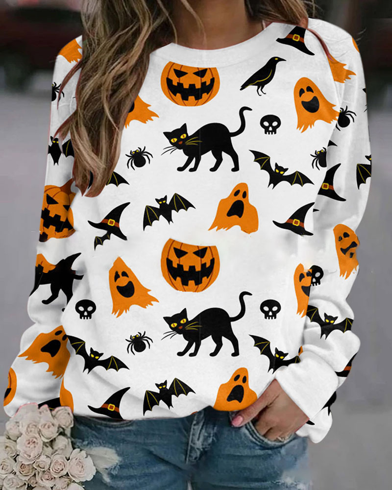 

Halloween Pumpkin Aniaml Print Long Sleeve Sweatshirt, White