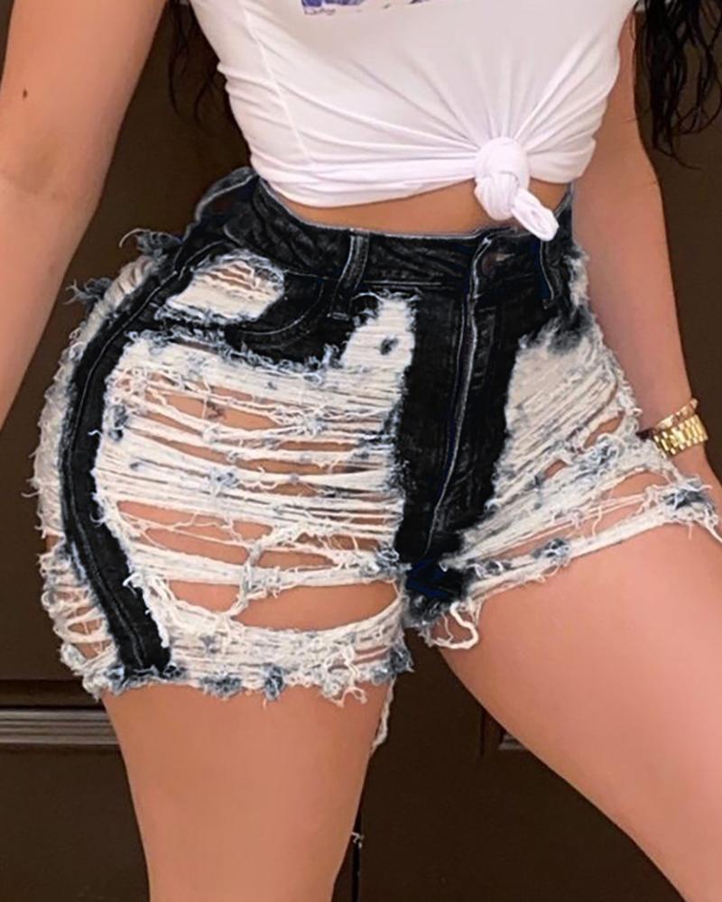 

Zipper Design Ripped Denim Shorts, Black