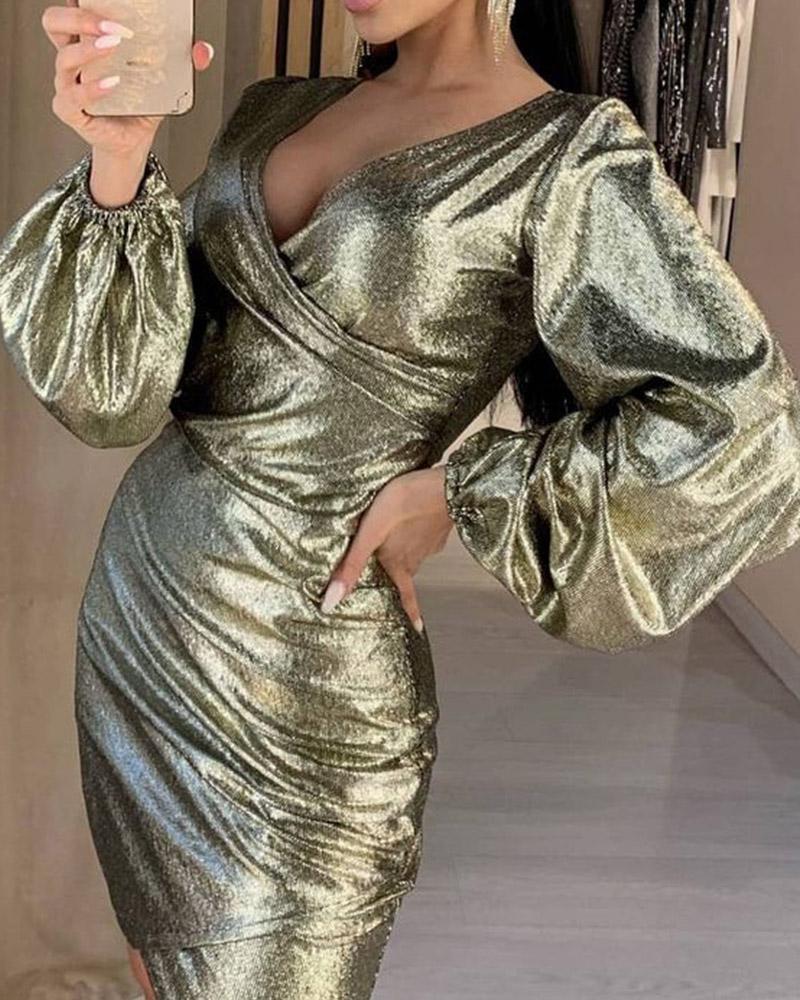 

Lantern Sleeve Ruched Metallic Party Dress, Gold