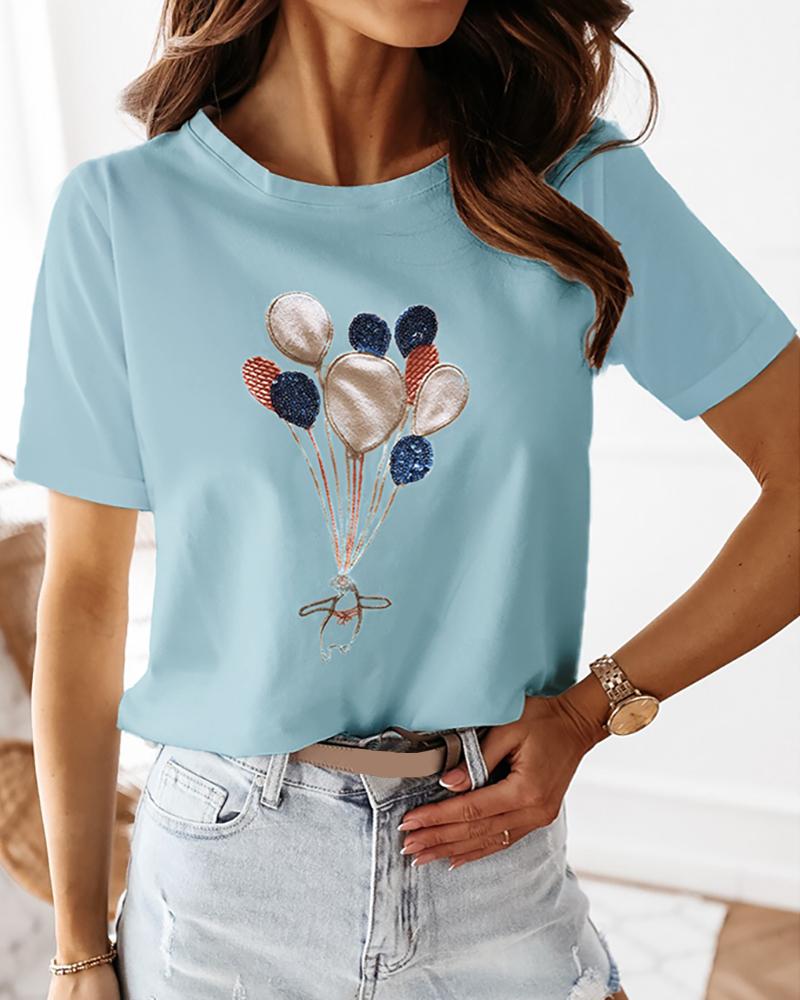 

Sequins Embroidery Balloon Pattern Casual T-shirt, Blue
