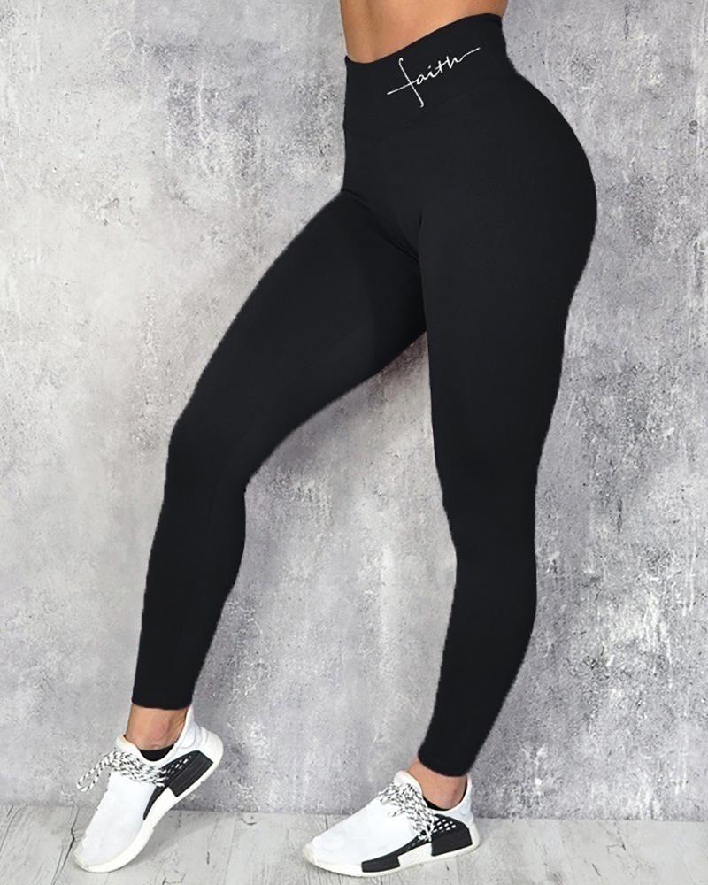 

Letter Pattern Print High Waist Sporty Pants, Black