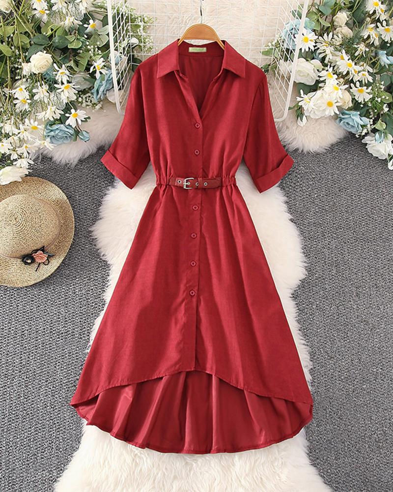 

Solid Short Sleeve Lace-UP Waist Loose Shirt Dress, Red