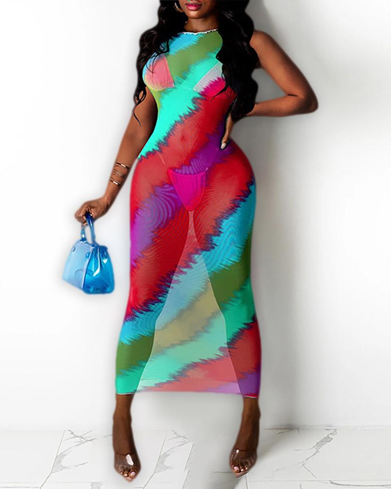 

O-neck Sleeveless Colorblock Mesh Maxi Dress, Red