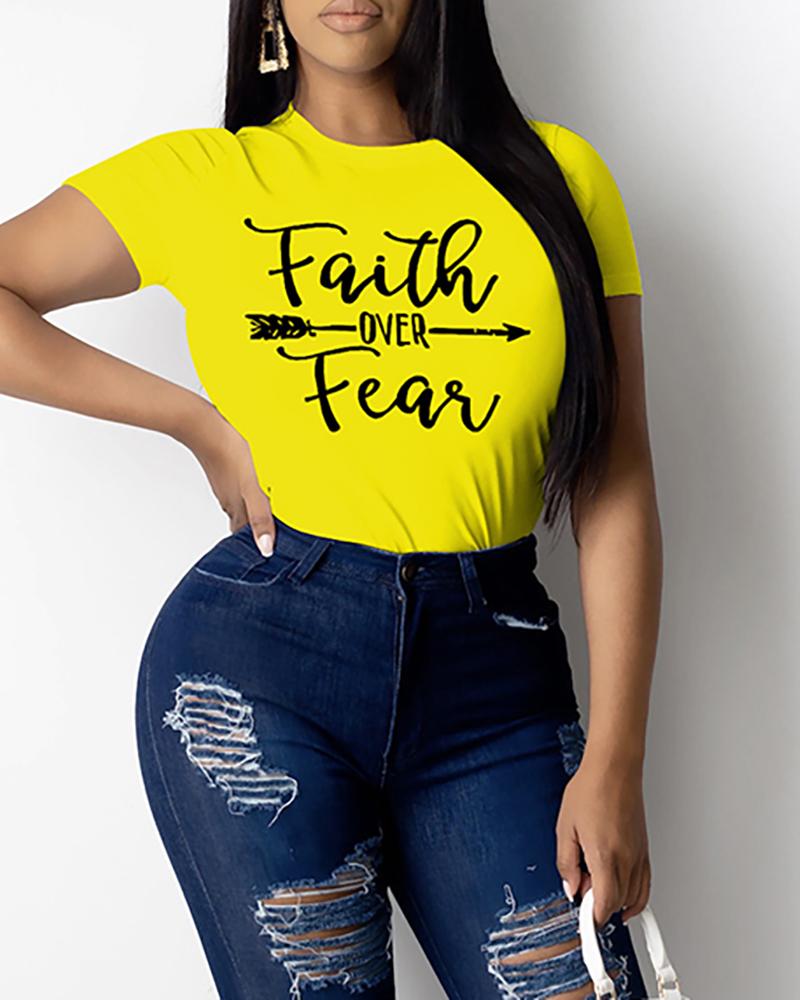 

Letter Print Short Sleeve Casual T-shirt, Yellow
