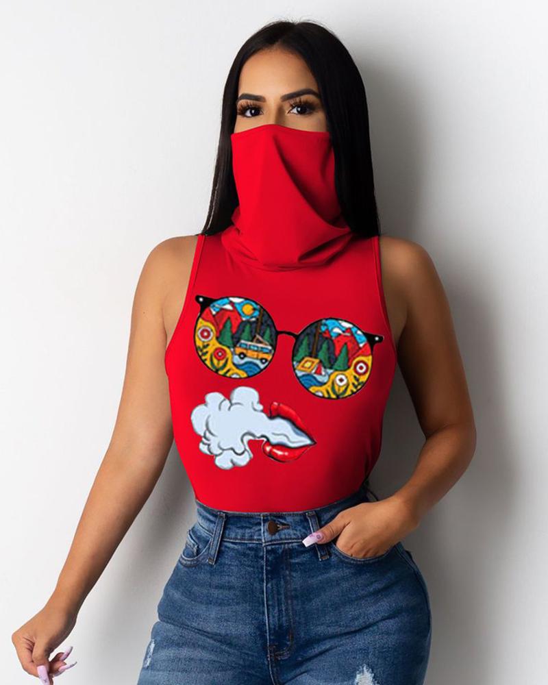 

Print Casual Tank Top With Bandana, Red