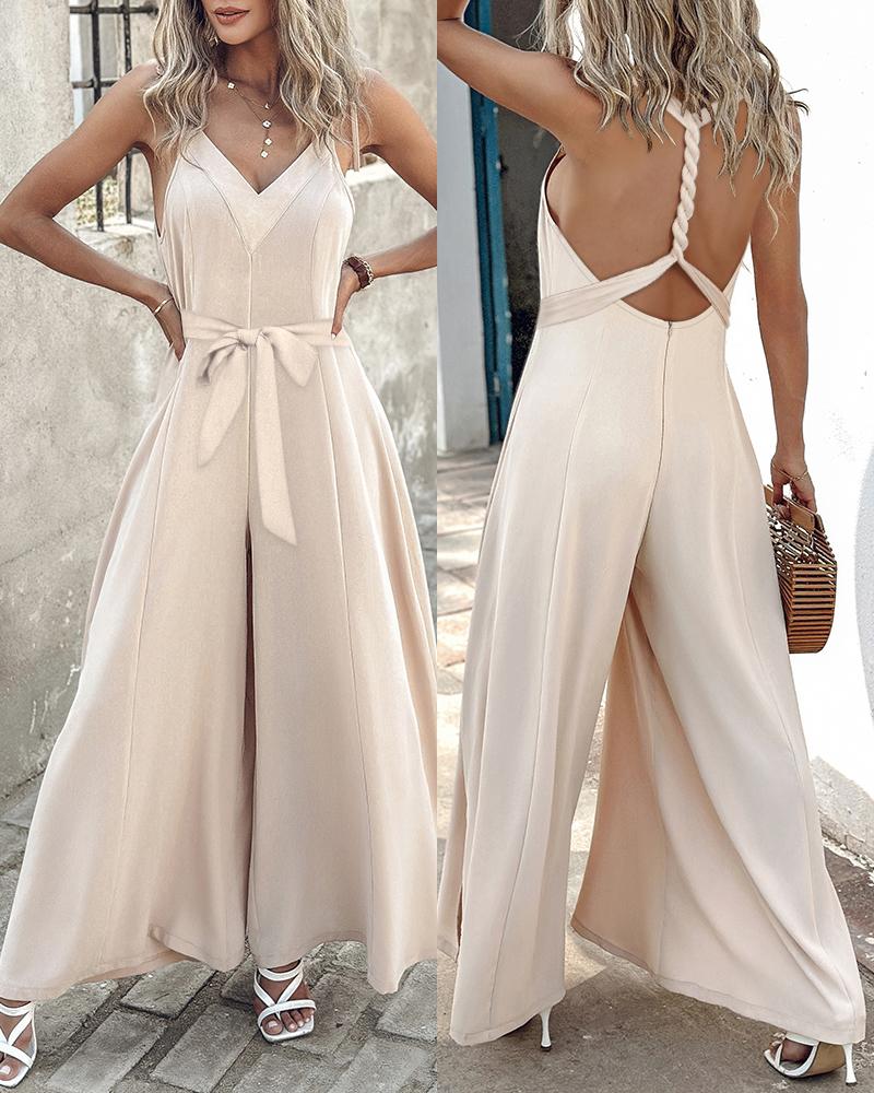 

Tied Detail V-Neck Wide Leg Jumpsuit, Apricot