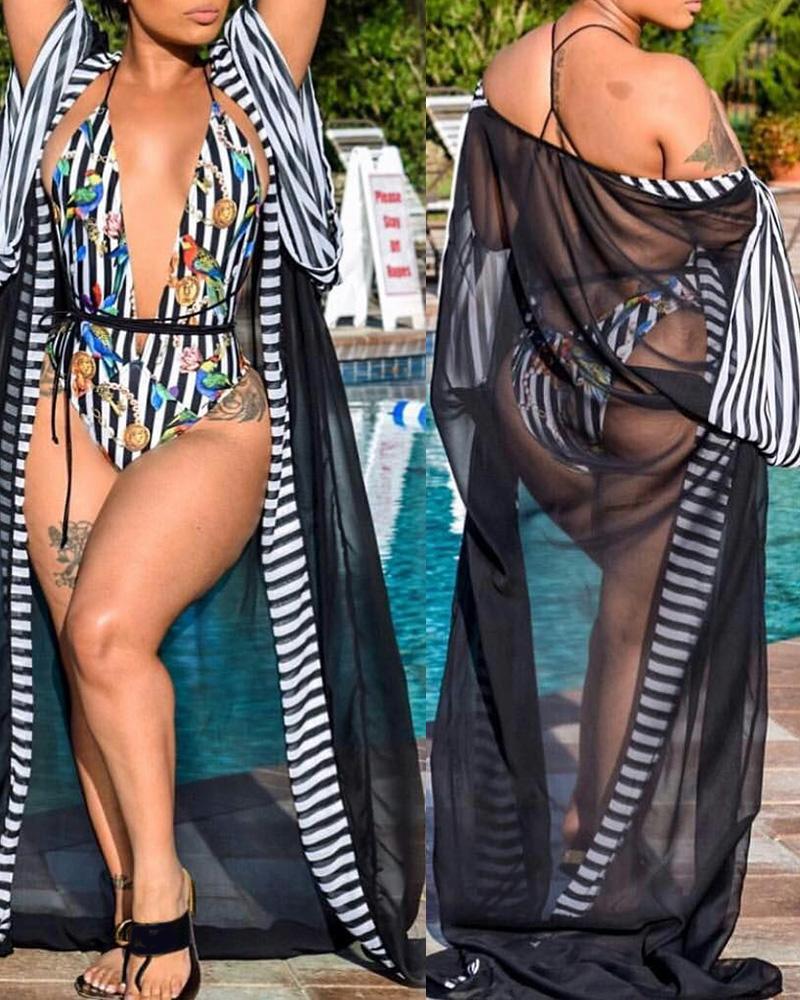 

Striped One Piece Swimsuit With Colorblock Sheer Mesh Cover Up, Black