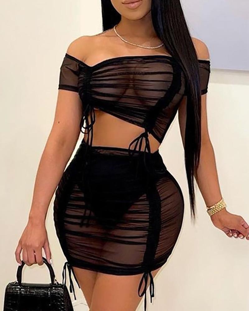 

Sheer Mesh Off Shoulder Drawstring Crop Top & Skirt Sets, Black