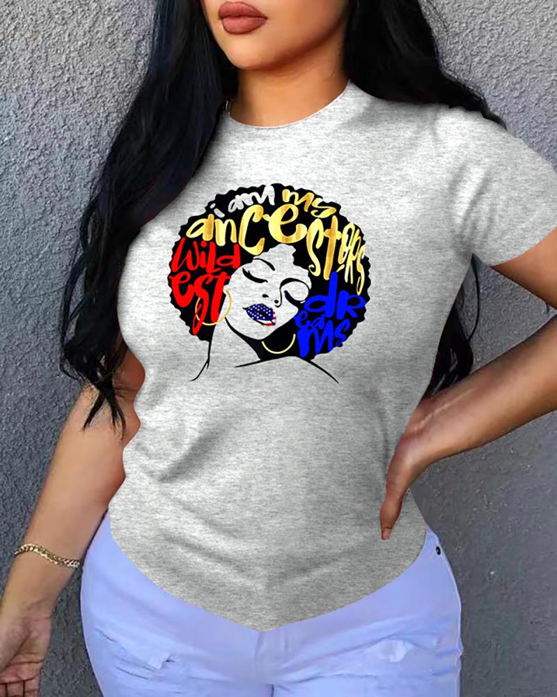 

Figure Letter Print Short Sleeve T-shirt, Gray