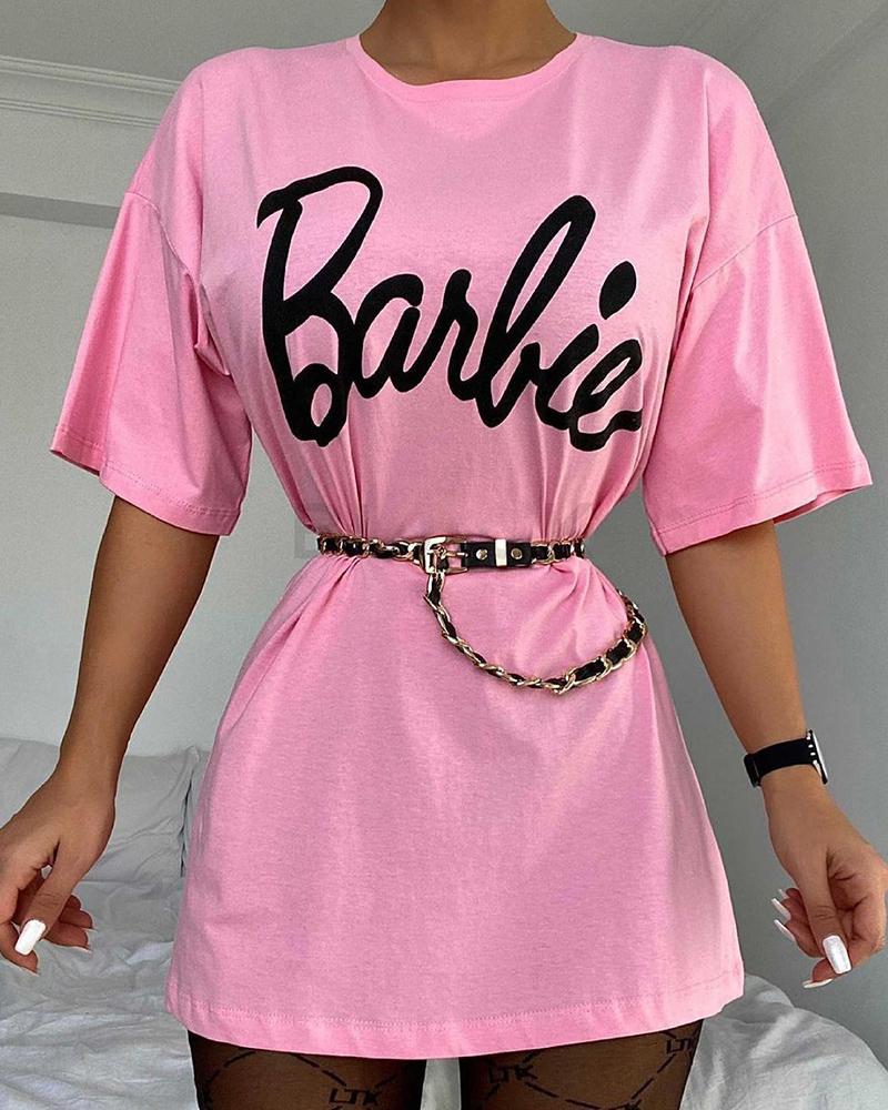 

Half Sleeve Letter Print Casual T-shirt Dress, Pink