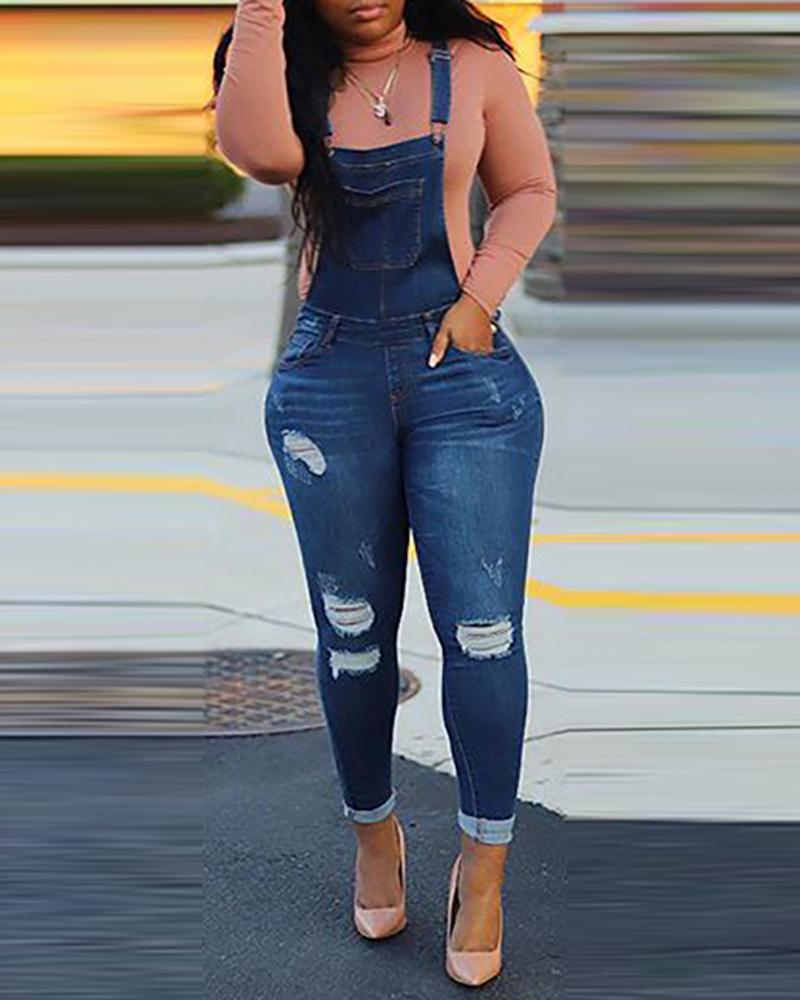 

Ripped Cutout Denim Suspender Jumpsuit, Dark blue