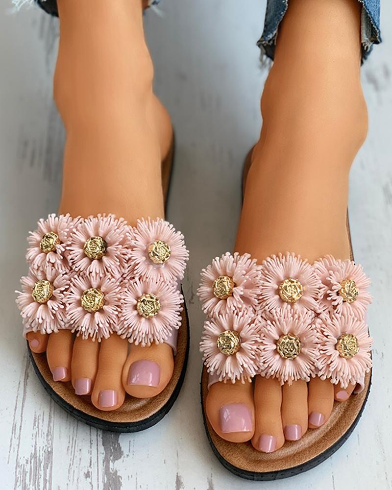 

Floral Pattern Detail Open Toe Flat Slider Sandals, Pink