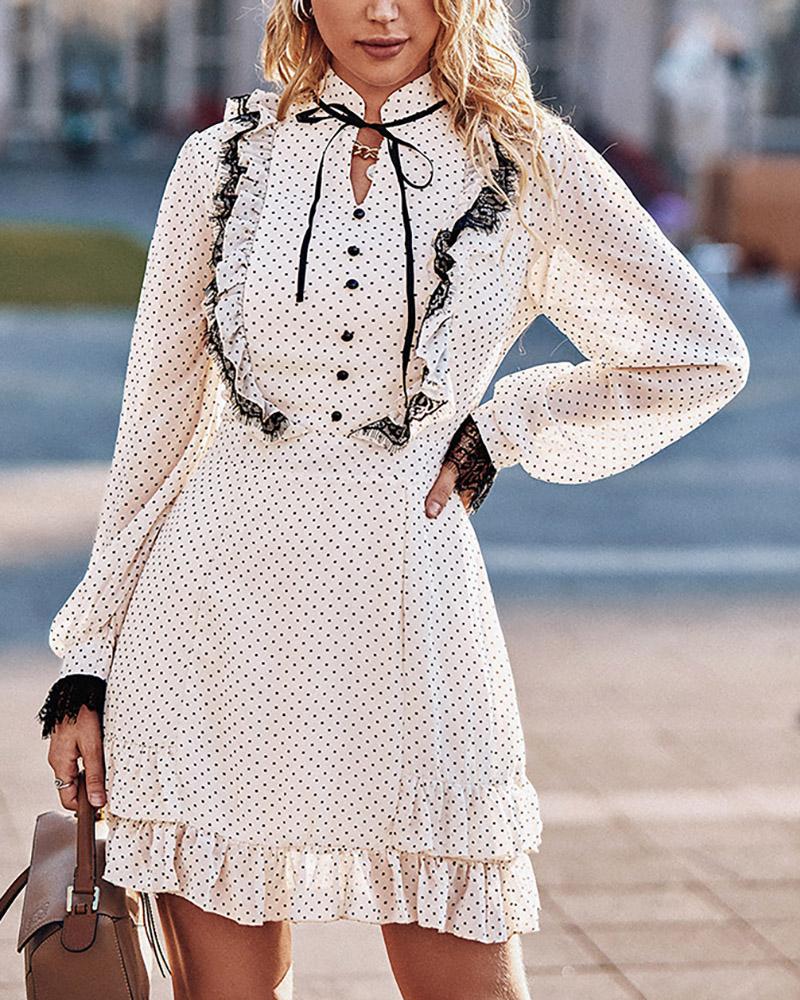 

Polka Dot Print Eyelash Lace Ruffles Buttoned Dress, Beige