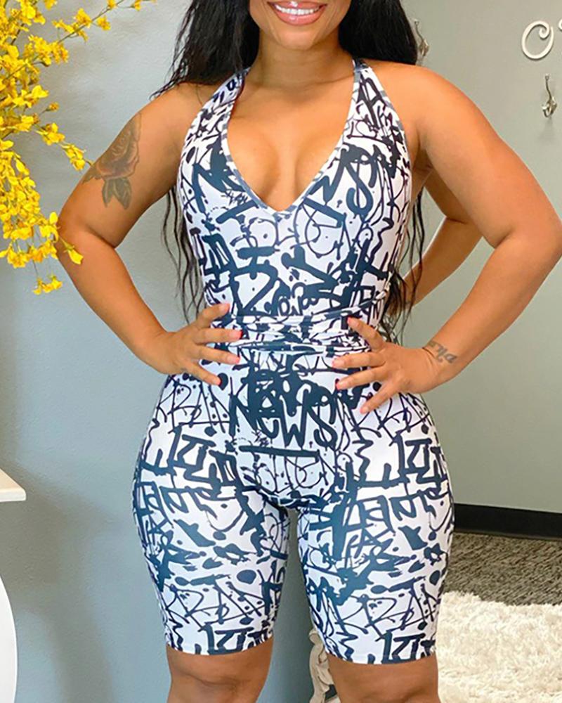 

Halter Backless Abstract Print Skinny Romper, Blue