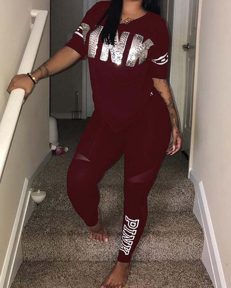 

Letter Print Patchwork Casual Pant Sets, Wine red