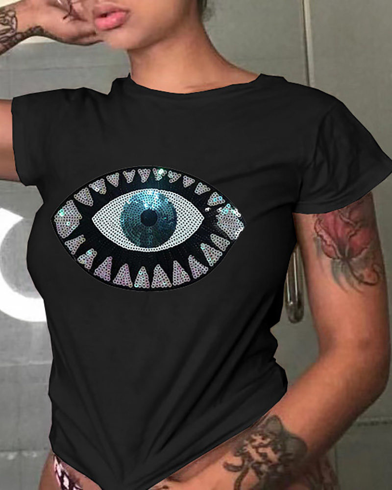 

Sequins Eye Pattern Short Sleeve T-shirt, Black