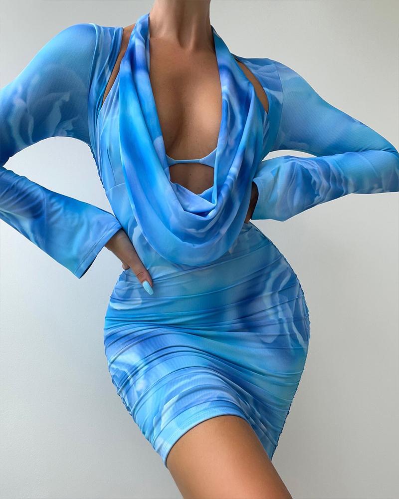

Floral Print Cowl Neck Ruched Bodycon Dress, Blue