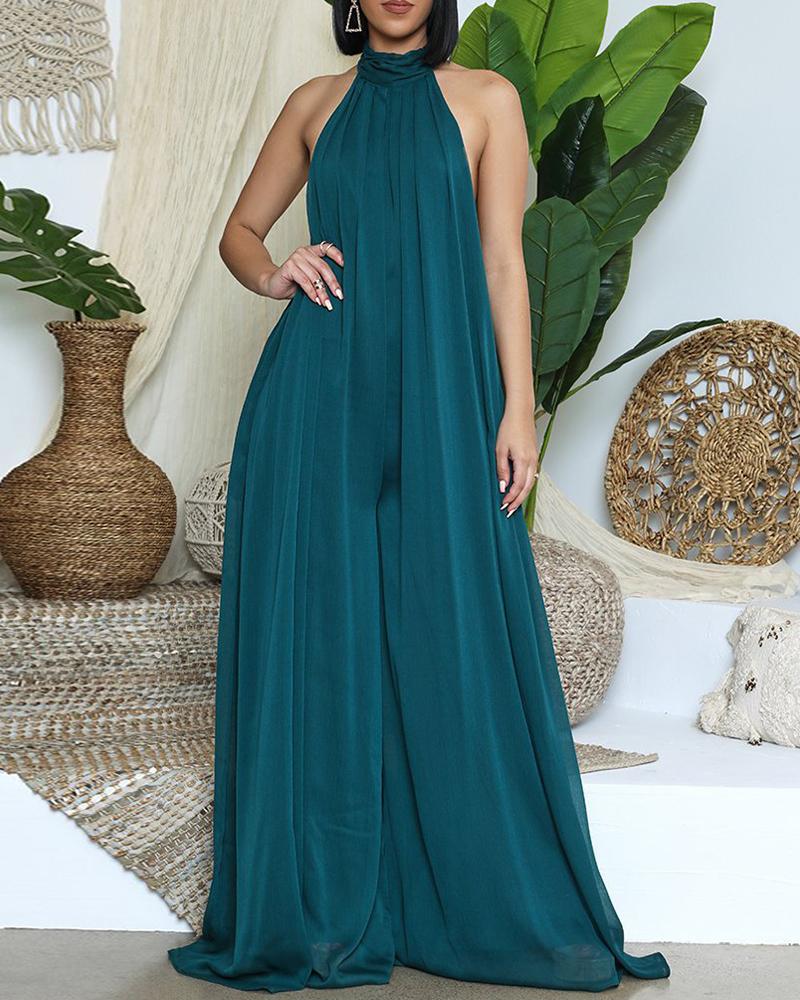 

Sleeveless Halter Backless Wide Leg Jumpsuit, Dark green