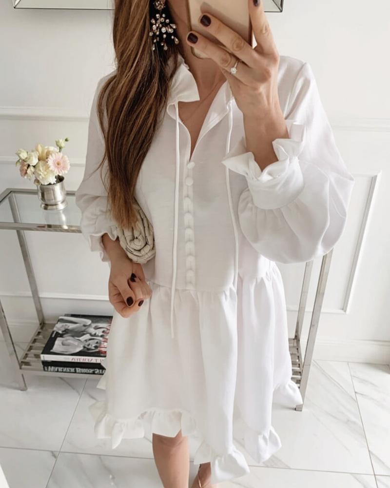 

Button Front Ruffles Lantern Sleeve Casual Dress, White