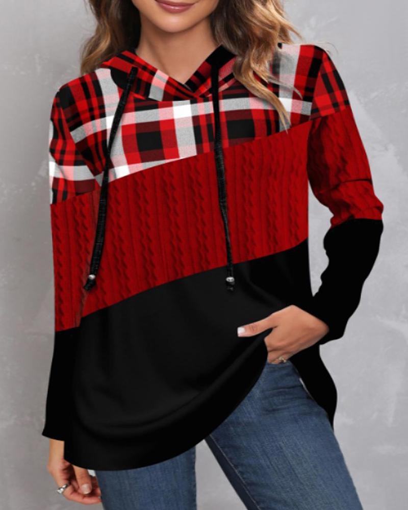 

Plus Size Contrast Plaid Colorblock Casual Hoodie, Red