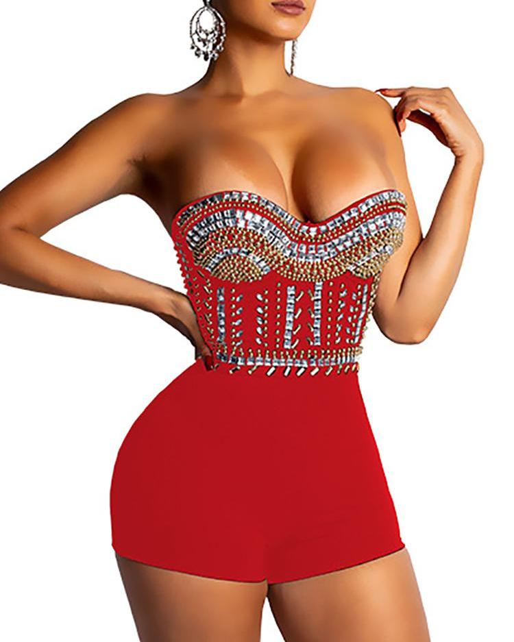 

Studded Rhinestone Patch Bandeau Backless Romper, Red