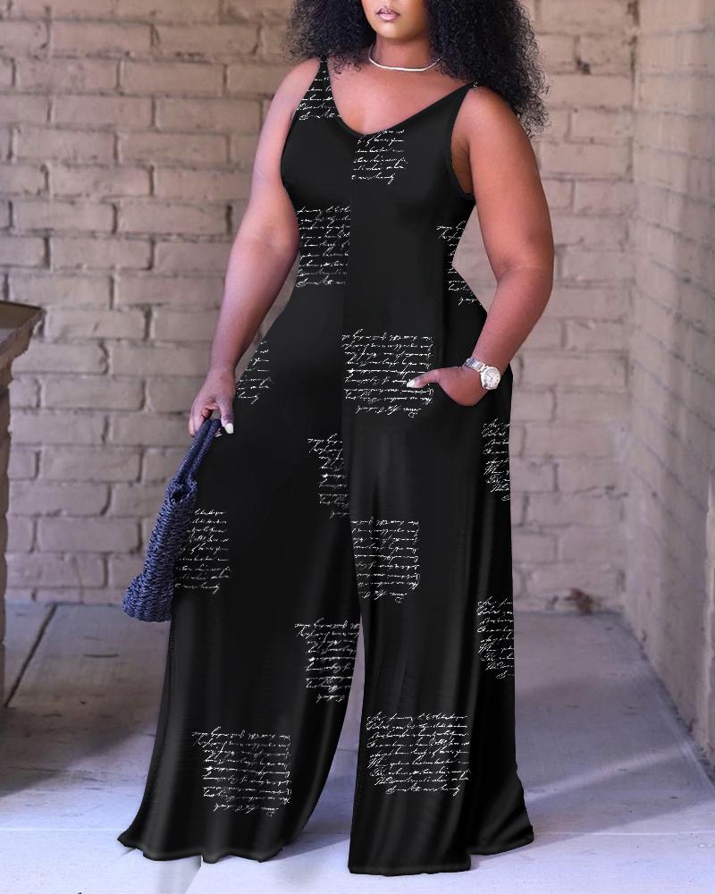

Plus Size Letter Print Wide Leg Jumpsuit, Black