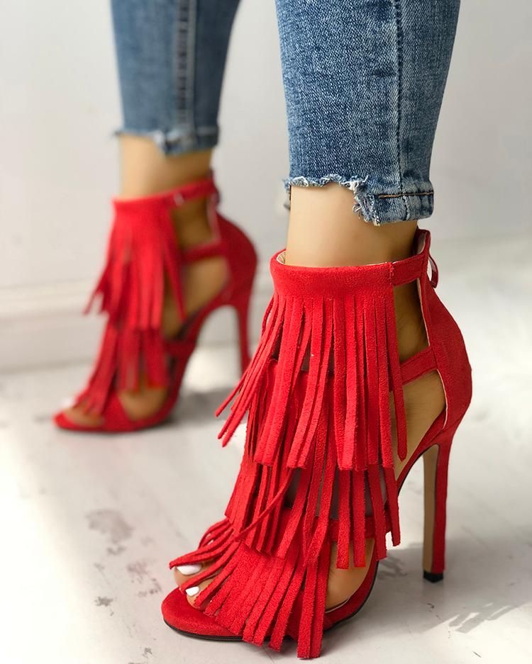 

Fashion Solid Tassel High Heel Sandals, Red