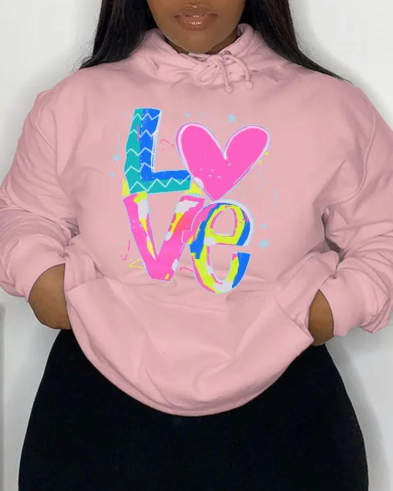 

Love Heart Print Pocket Design Hoodie, Pink