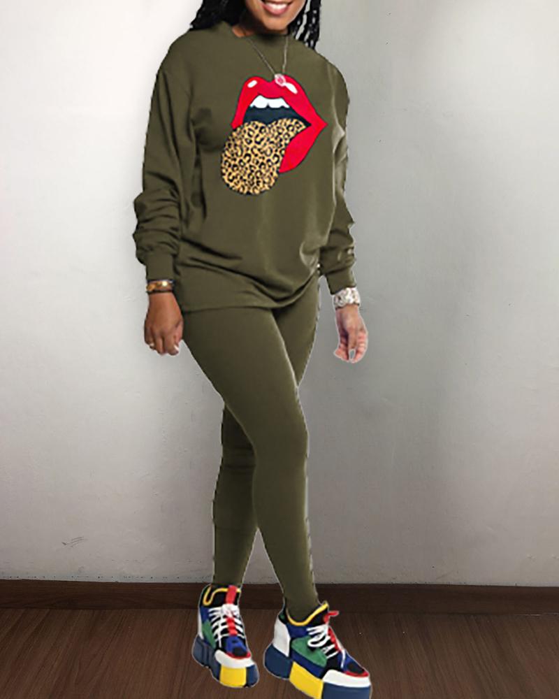 

Leopard Lip Print Long Sleeve Top & Pants Set, Army green
