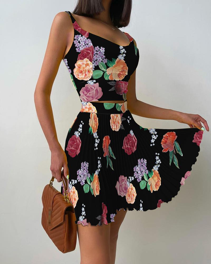 

Floral Print Tank Top & Pleated Skirt Set, Black