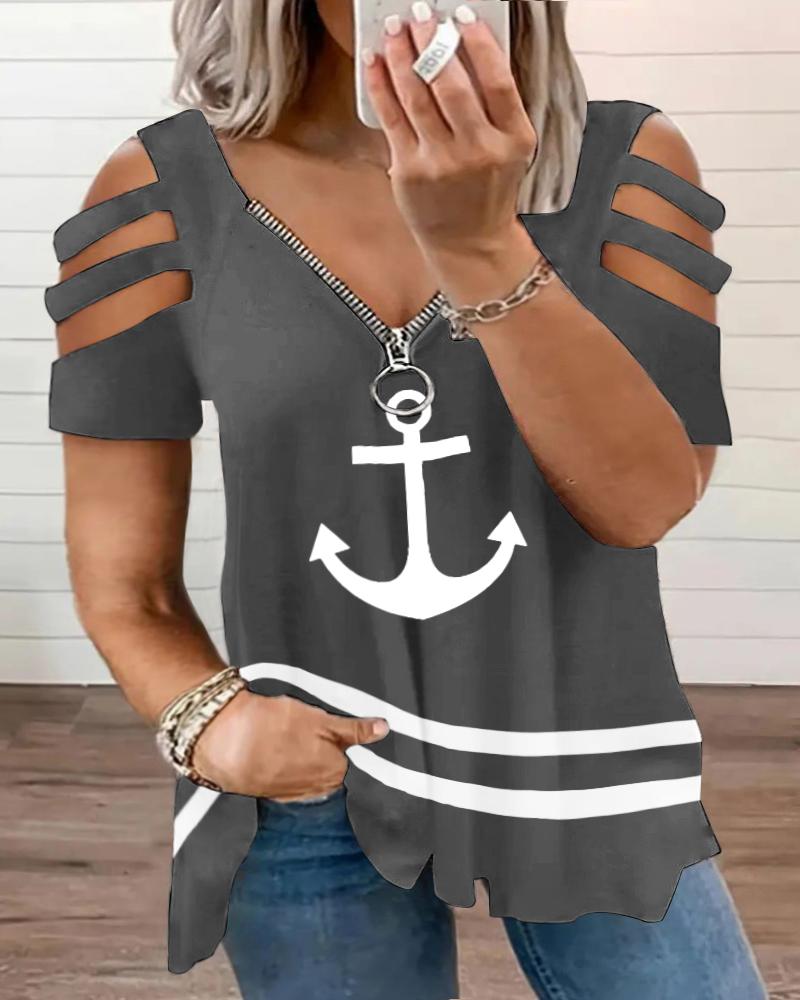 

Plus Size Anchor Print Striped Colorblock Cutout Zipper Design T-Shirt, Gray