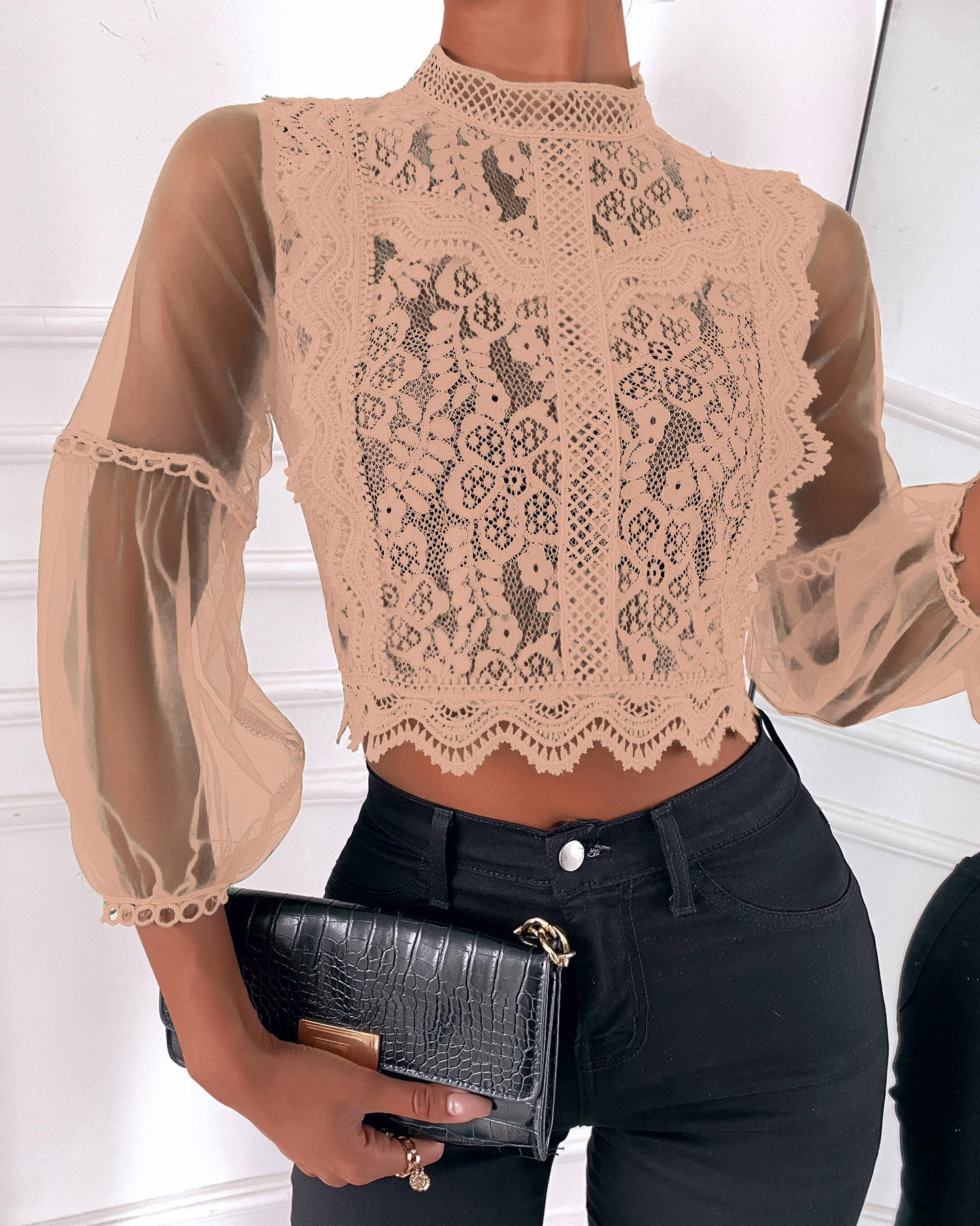 

Guipure Lace Sheer Mesh Lantern Sleeve Top, Orange