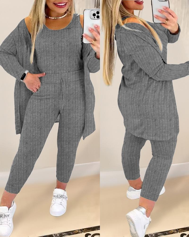 

Plus Size Round Neck Tank Top & Drawstring Pants Set With Coat, Gray