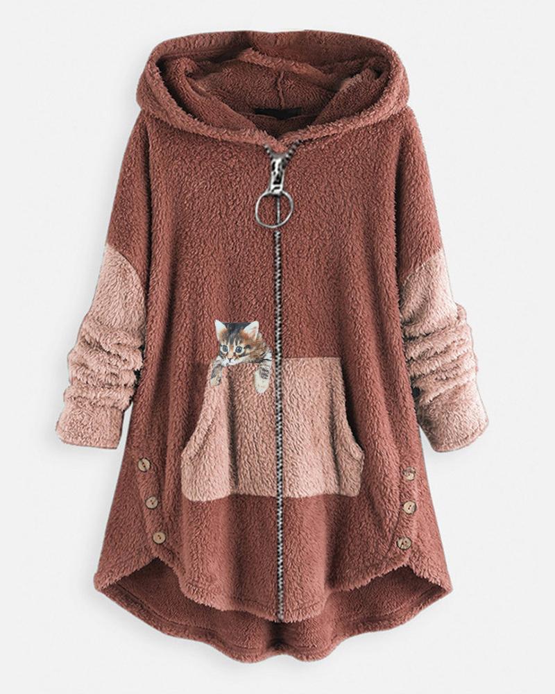 

Cat Print Long Sleeve Hooded Zip Up Teddy Coat, Pink