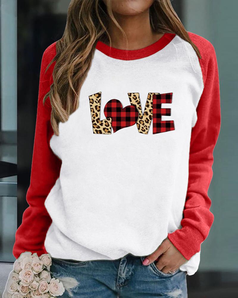 

Valentine' Day Letter Heart Print Raglan Sleeve Sweatshirt, Red