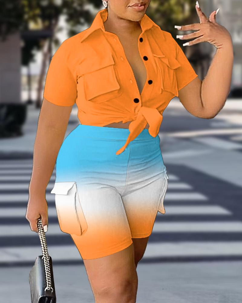 

Plus Size Buttoned Crop Top & Ombre Shorts Set, Orange