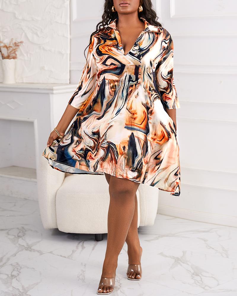 

Plus Size Abstract Print Flowy Shirt Dress, Apricot