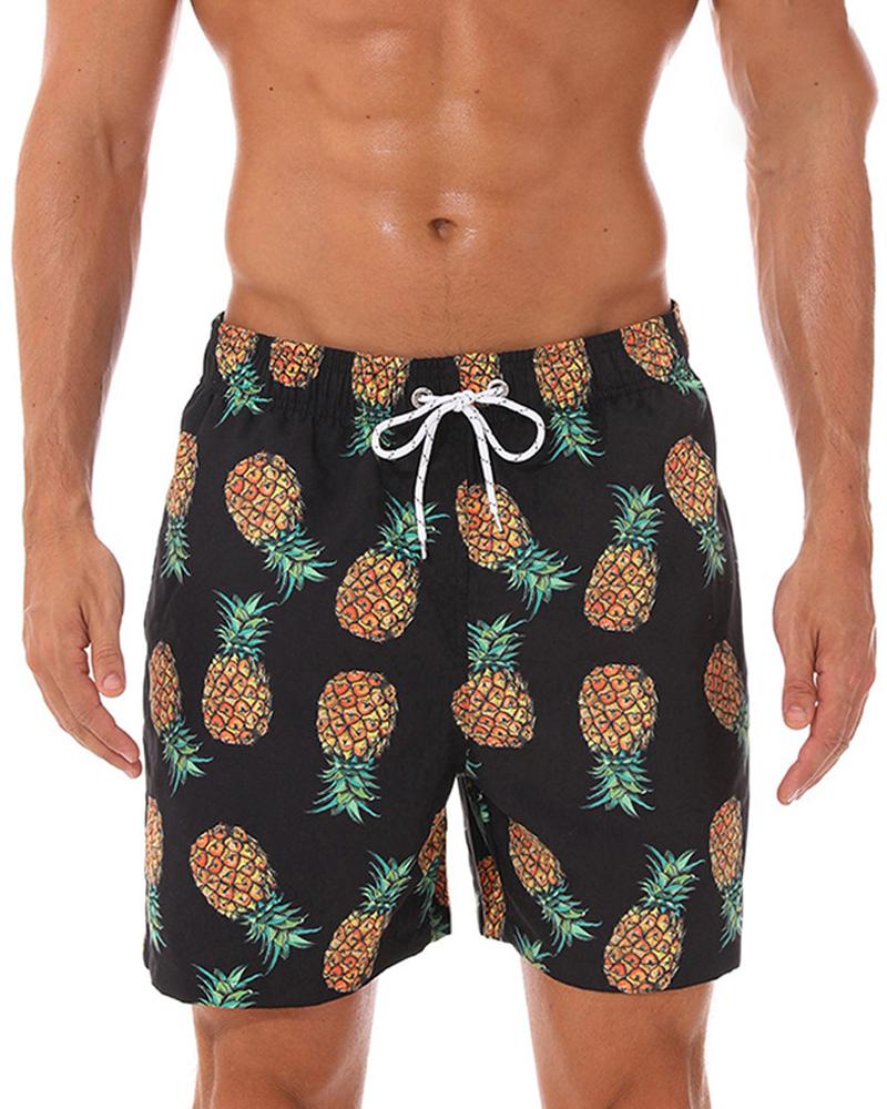 

Vacation Style Fruit Print Drawstring Short Pants, Black