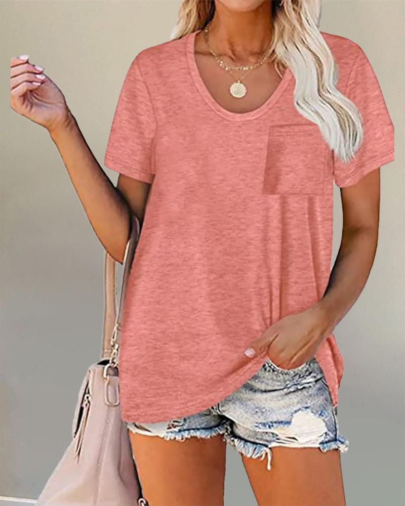 

Pocket Detail Short Sleeve Casual T-shirt, Pink