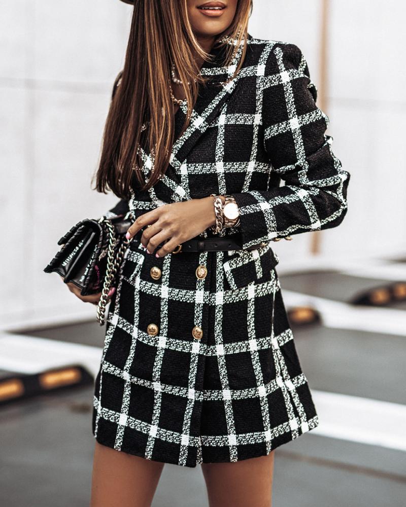 

Plaid Print Double Breasted Blazer Coat, Black
