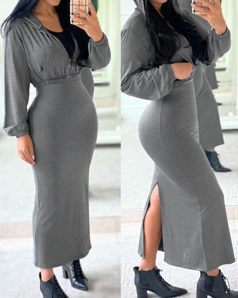 

Zipper Design Hooded Top & High Slit Skirt Set, Gray