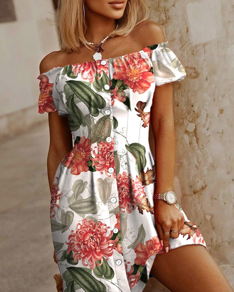 

All Over Floral Print Off Shoulder Button Front Casual Dress, White