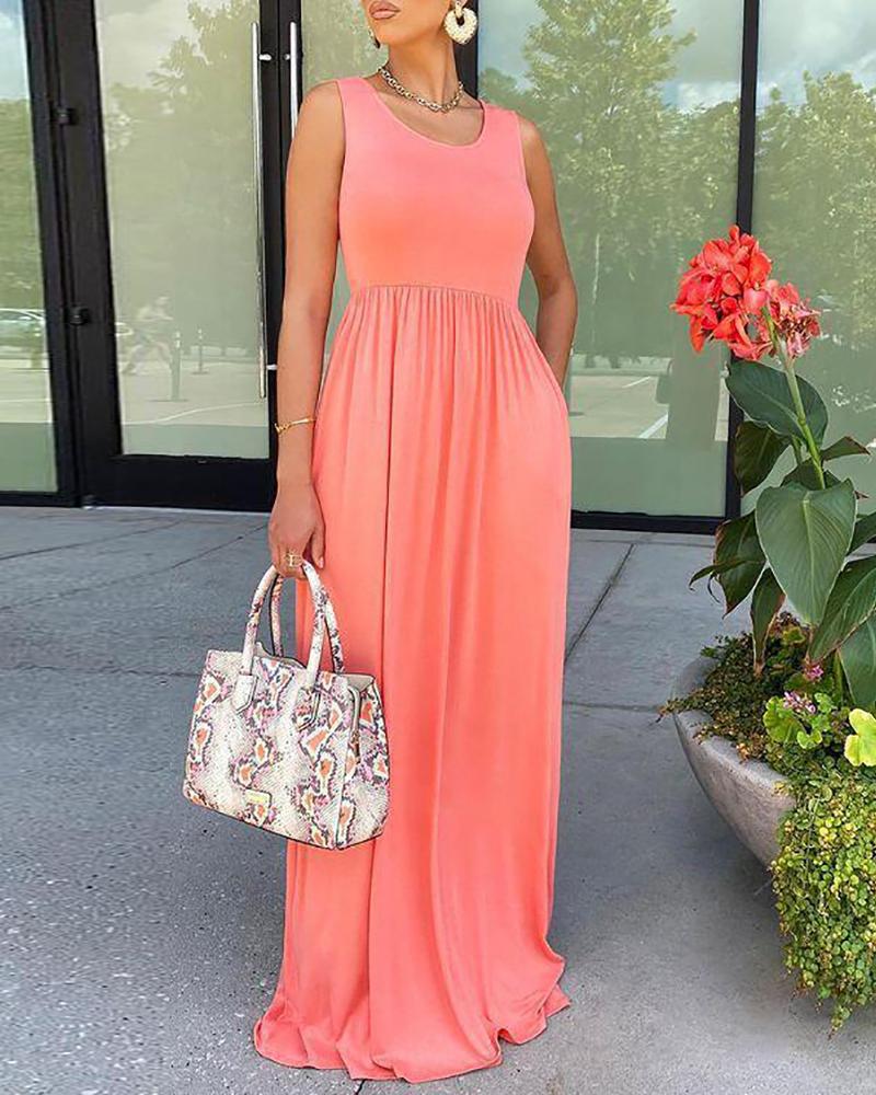 

Sleeveless Round Neck Casual Maxi Dress, Pink