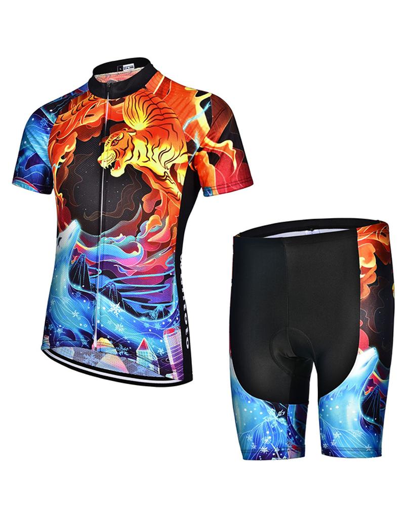 

Tiger Cartoon Print Short Sleeve T-shirt With Short Pants Active Sets, Multicolor