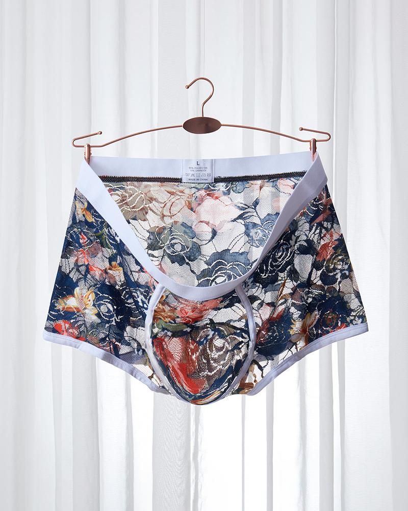 

Floral Print Skinny Patchwork Boxer Brief Underwear, Purplish blue