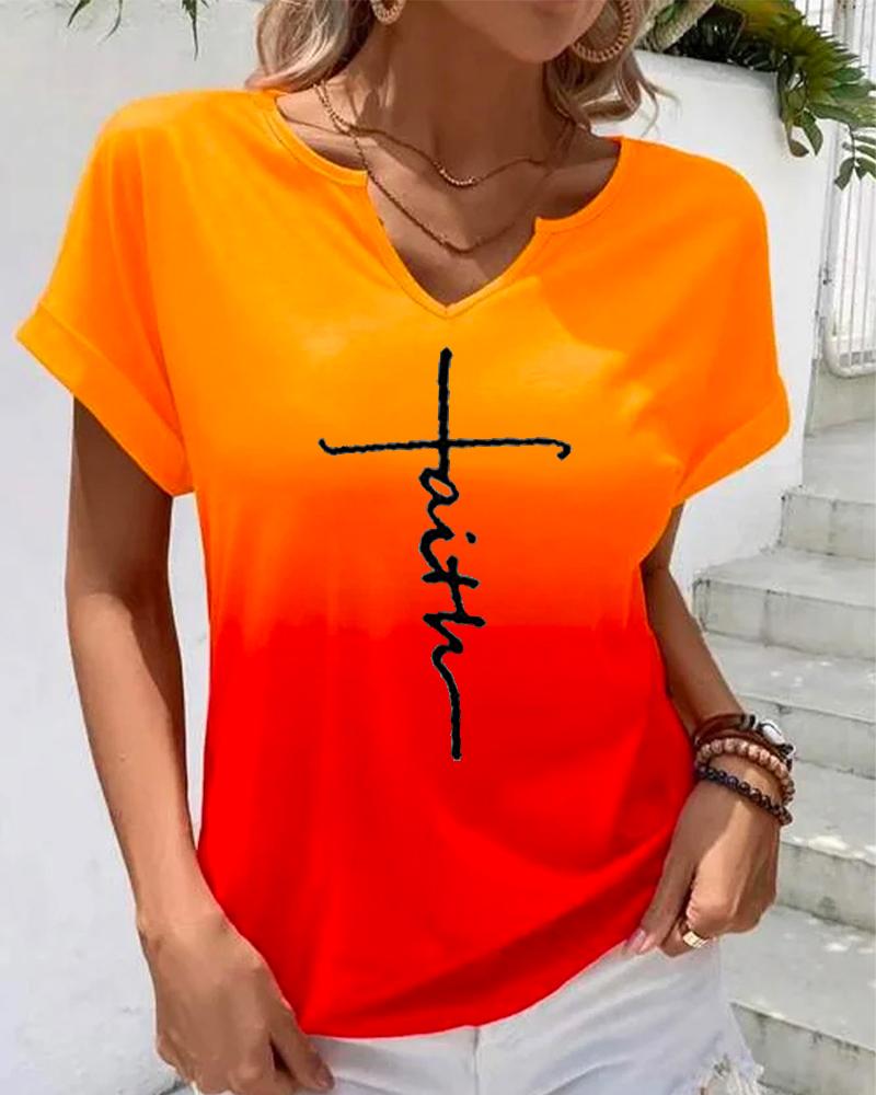 

Faith Print Ombre Notch Neck Casual T-shirt, Orange