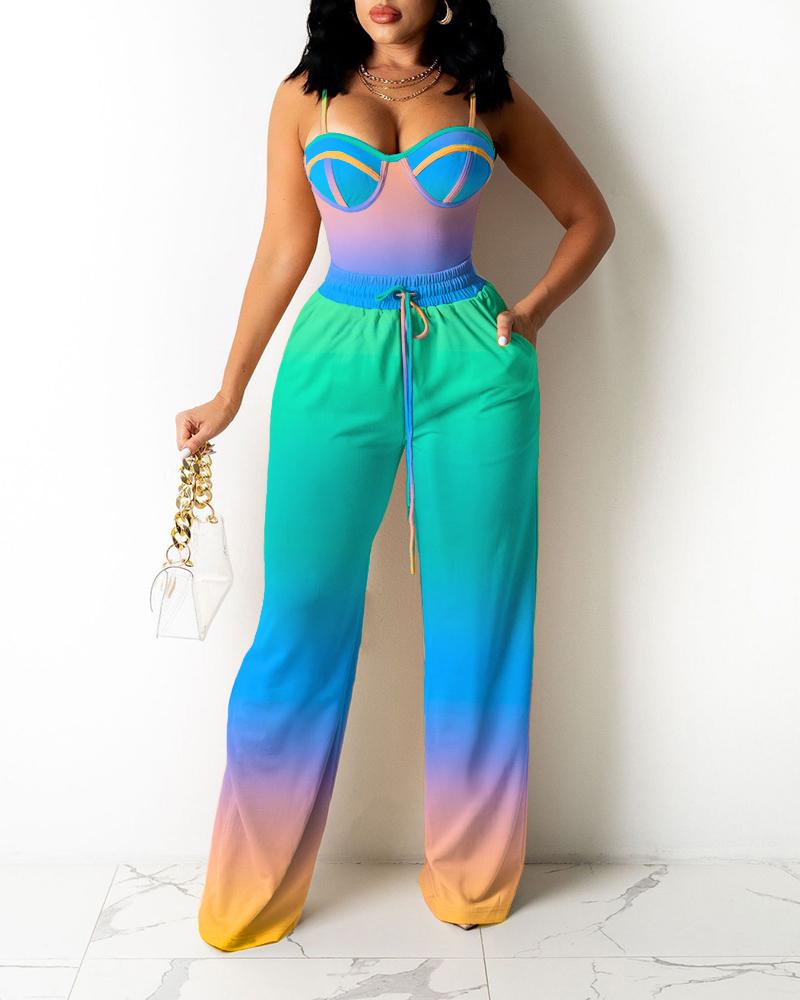 

Ombre Colorblock Cami Top & Wide Legs Contrast Pipping Pants Set, Green